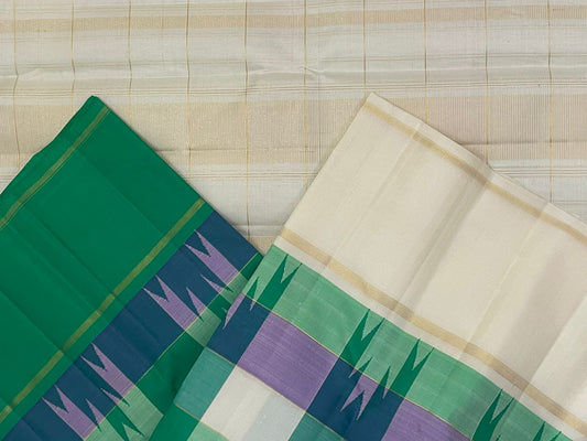 Blue green Kanchi Kattam handwoven Kanchipuram silk saree with ivory border detail and classic gold zari by Idam Living