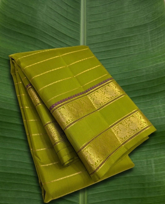 Kanchipuram Silk Saree • Rettapet Veldhari Weave • Parrot Green with Purple