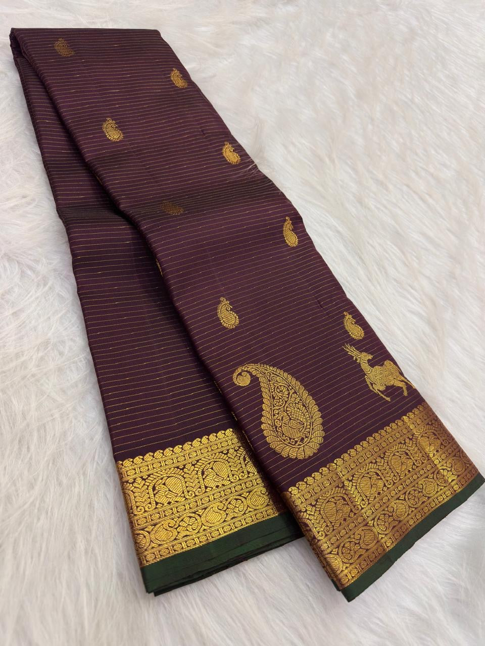 Deep Paaku Brown Handwoven Pure Silk Kanchipuram Vairaoosi Saree with Deer and Maanga Motifs