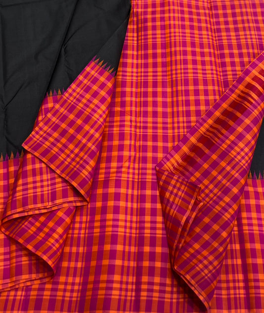 Orange Kancheepuram silk saree with magenta check pattern detail