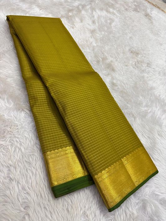 Pure Kanchipuram Silk Saree – Mustard Olive Zari Kattam with Antique Gold Border