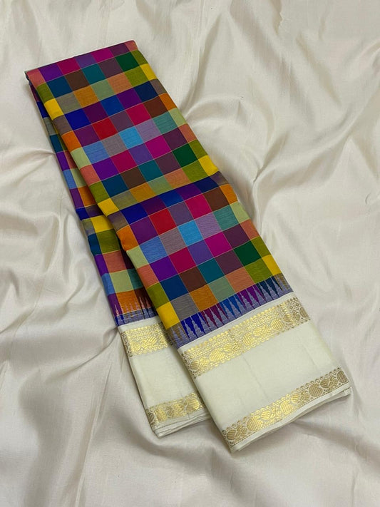 Kancheepuram silk saree multicolor check pattern with ivory korvai border