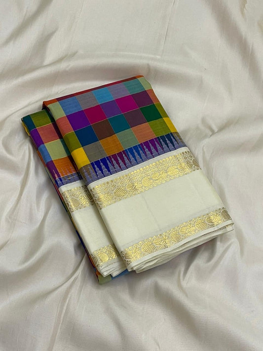 Multicolor Kanjivaram silk saree with paalum pazhamum checks folded view