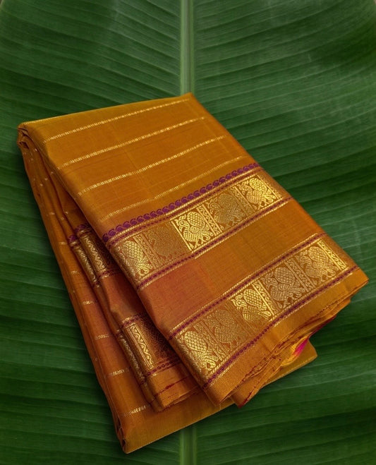 Kanchipuram Silk Saree • Rettapet Veldhari Weave • Mustard Gold with Plum
