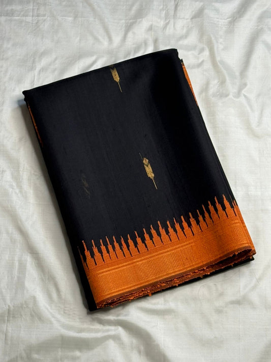 Pure Raw Silk Saree Pillayar Reku Black Mustard Orange Temple Border