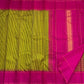 Magenta pallu with fine vertical lines and tassels beside green-yellow checked body (shipped from New Jersey USA)
