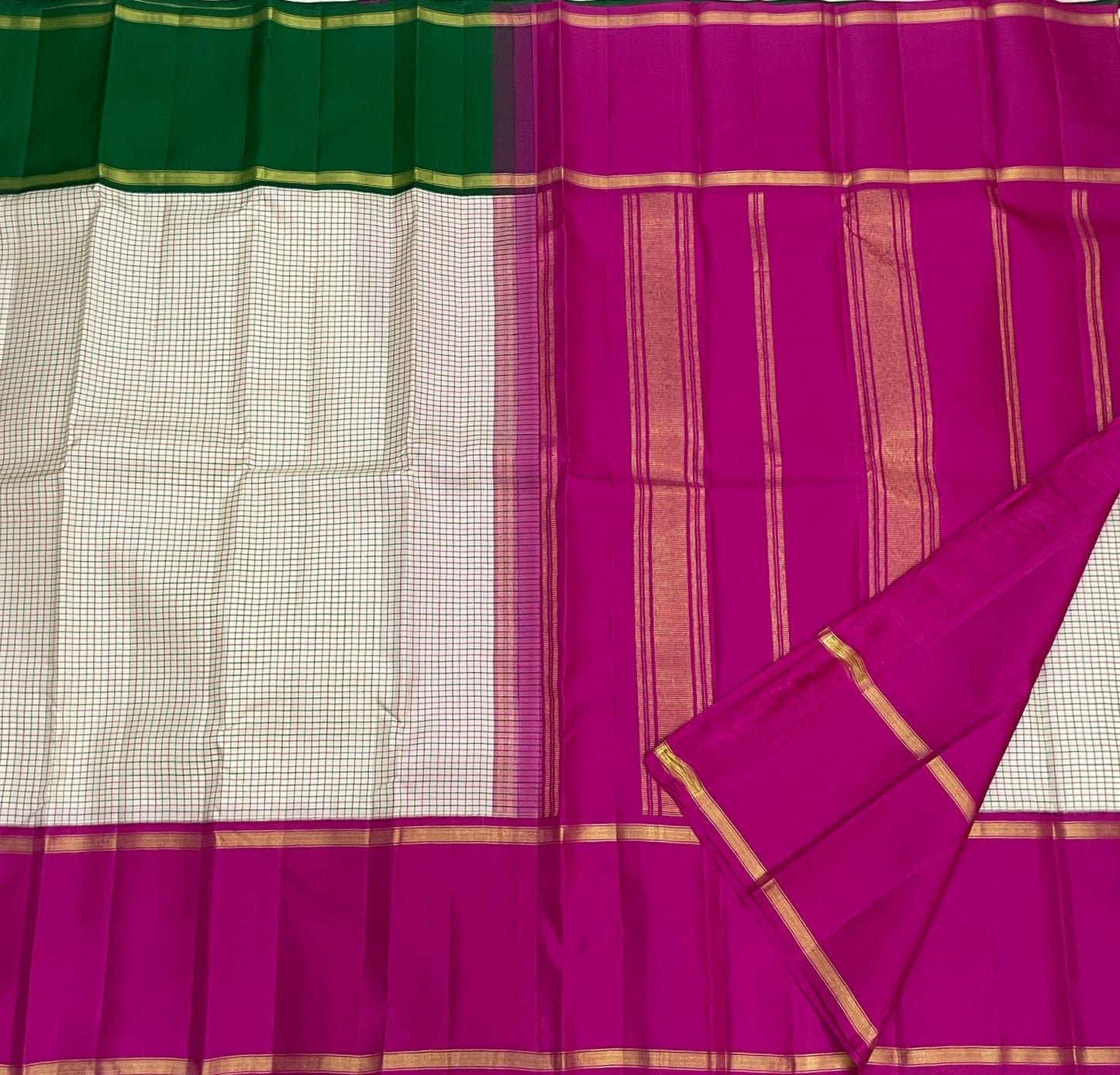 Kancheepuram silk saree cream body with fine checkered weave close up