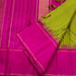 Full flat-lay showing green-yellow checked body with magenta borders and magenta pallu with fine vertical lines (available in the USA)