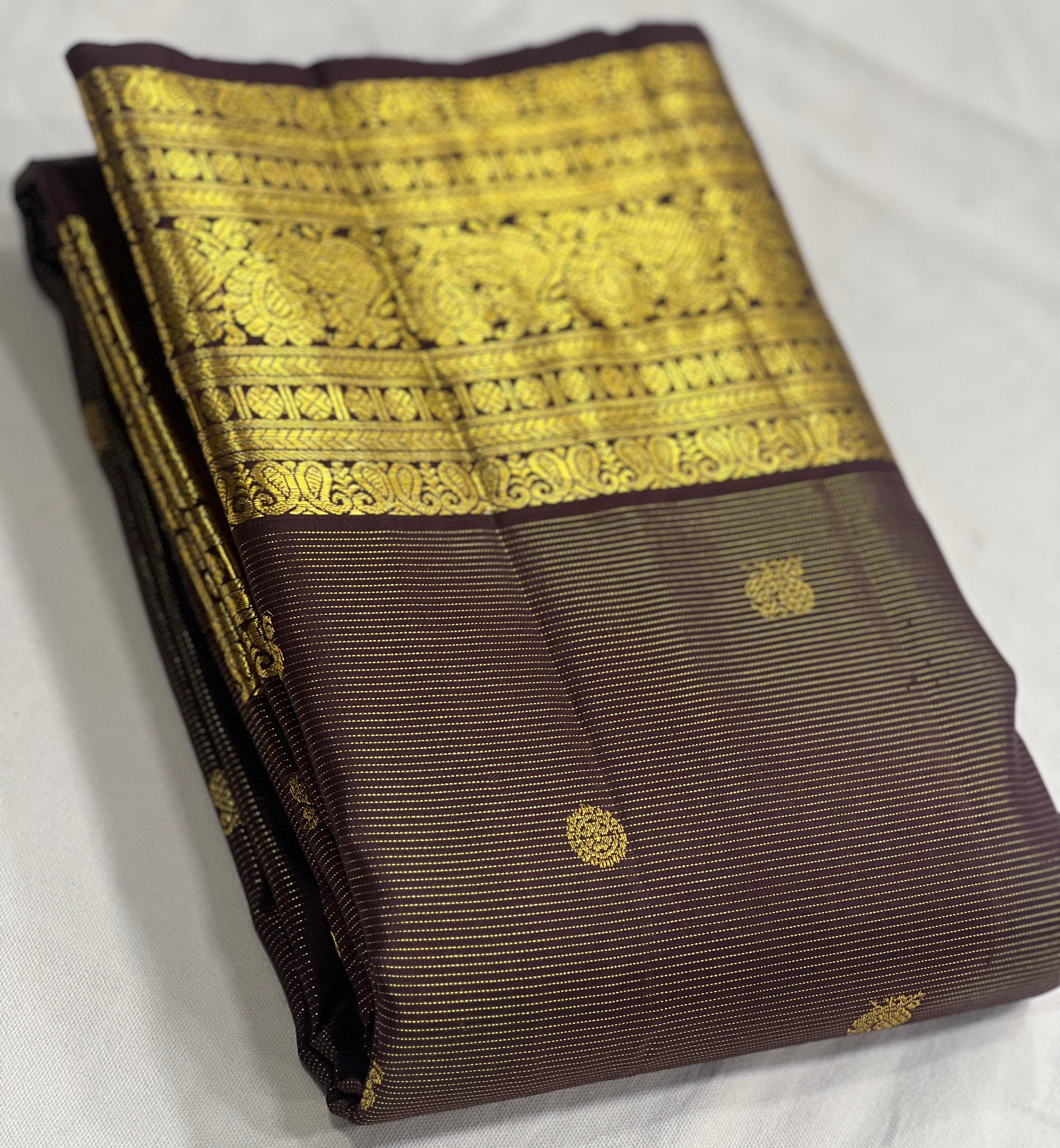 Kancheepuram silk saree cocoa brown body with fine gold zari pinstripes