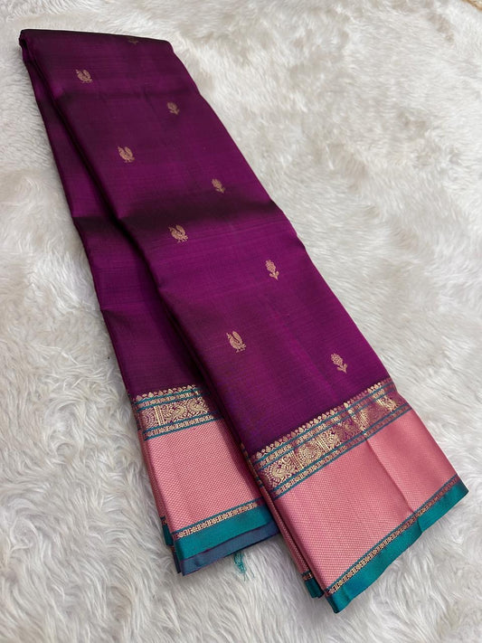 Pure Kanchipuram Silk Saree – Amethyst with Rose Pink Border and Turquoise Selvedge