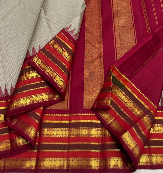Cocoa Kancheepuram silk saree with fine check pattern and red border