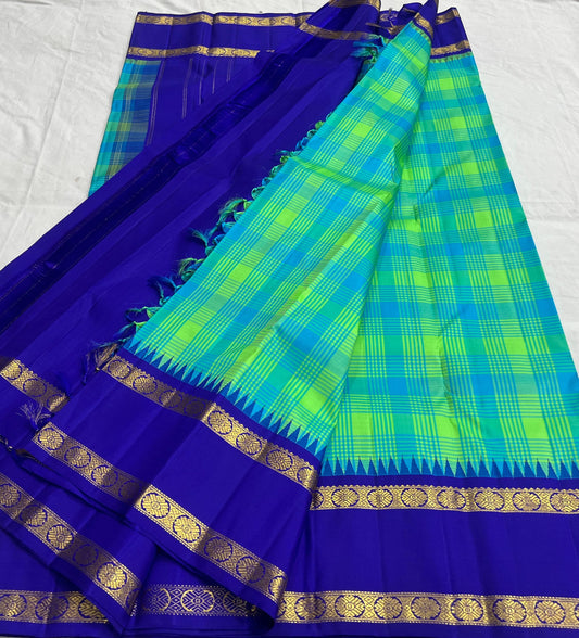 Kanjivaram silk saree teal body with green check pattern detail