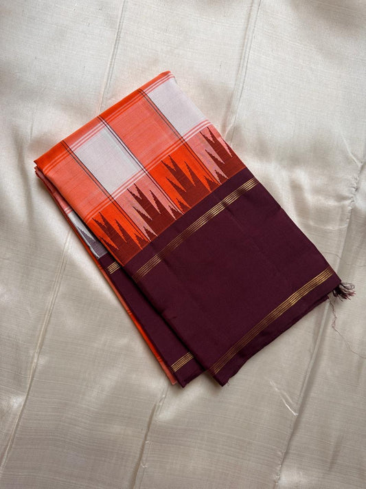 Pure Kanchipuram Silk Saree Flame Coral with Soft Cream Lattice Rettapet Border