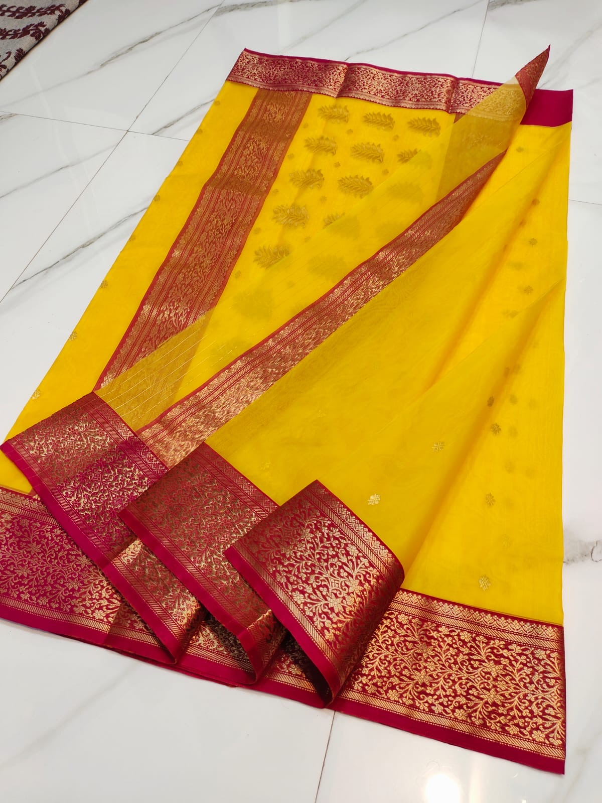 Turmeric Yellow and Red Gold Katan Silk Chanderi handloom saree — body closeup