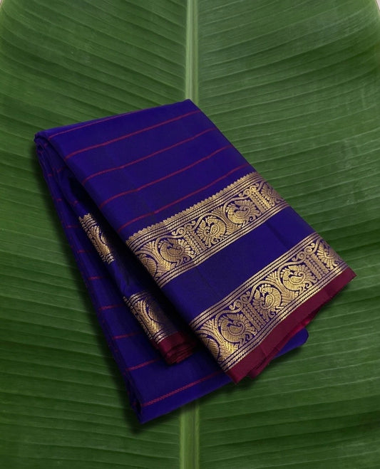 Kanchipuram Silk Saree • Rettapet Veldhari Weave • Ink Blue with Ruby Red
