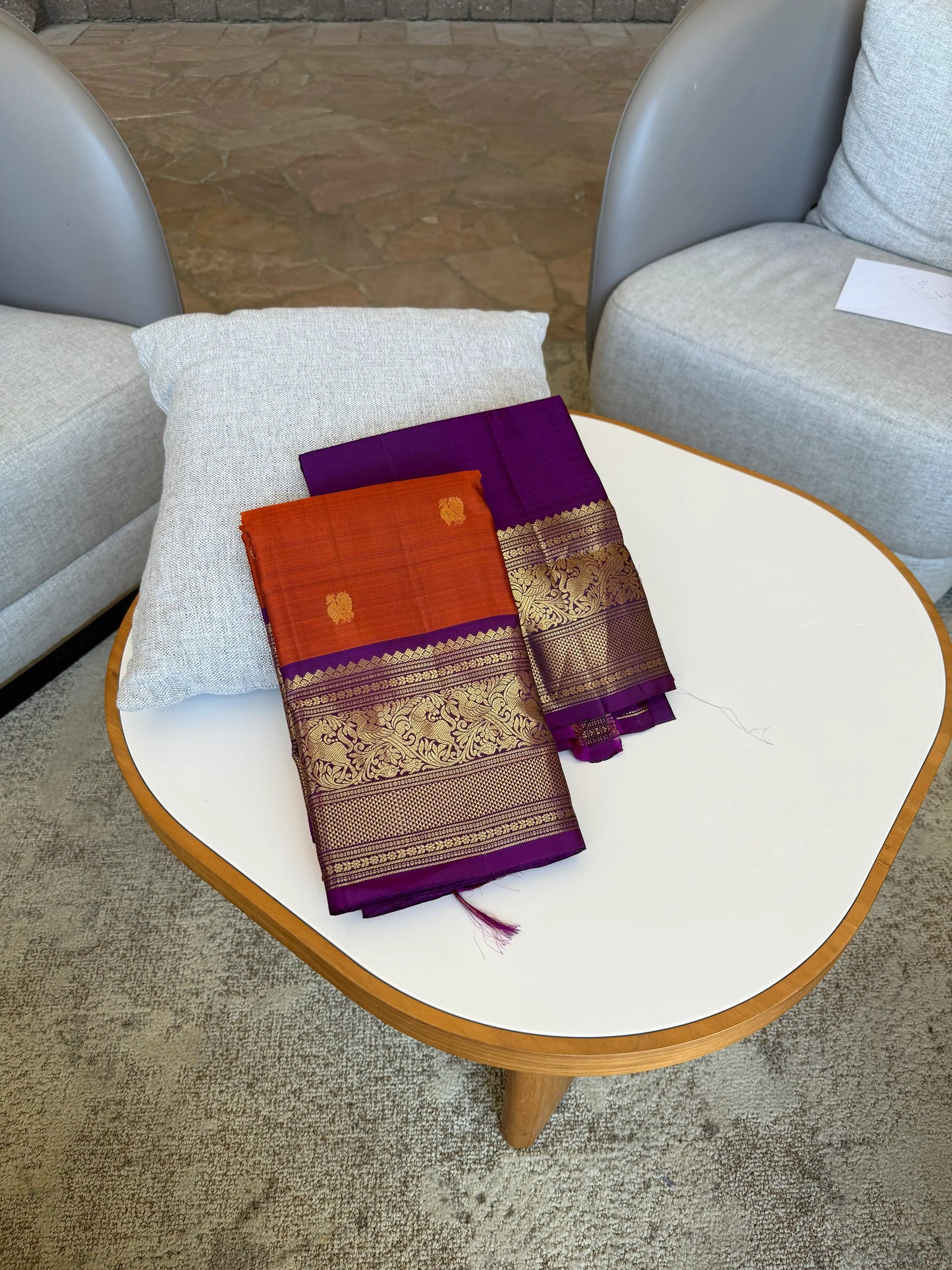 3G Pure Zari Rust Orange and Radiant Purple Vanasringaram Pure Kanchipuram Silk Saree