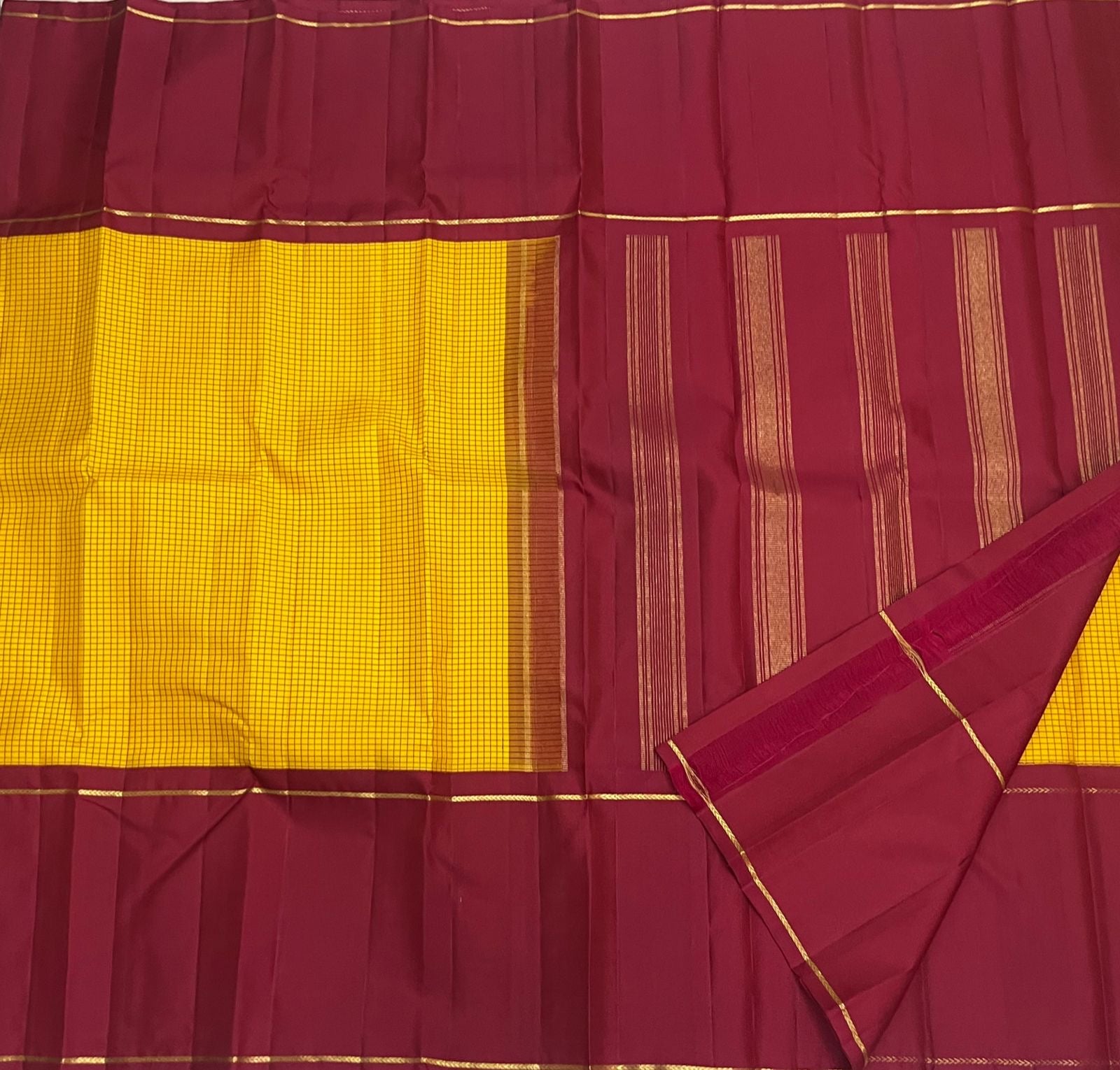 Kanjivaram silk saree yellow with kumkum red border and gold zari stripe