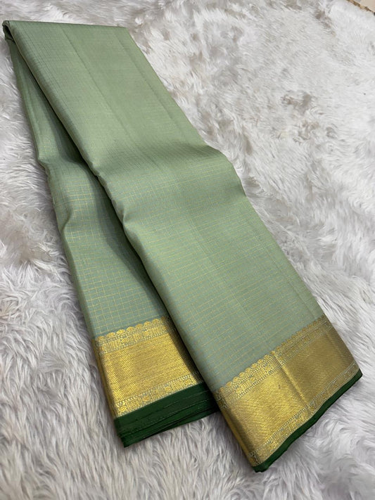 Pure Kanchipuram Silk Saree – Sage Green Zari Kattam with Antique Gold Border