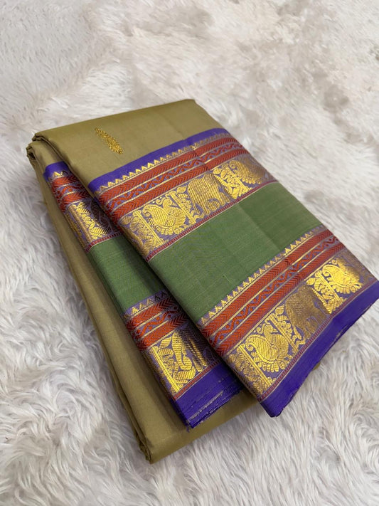 Sand beige Kanchipuram silk saree with fern green border folded view