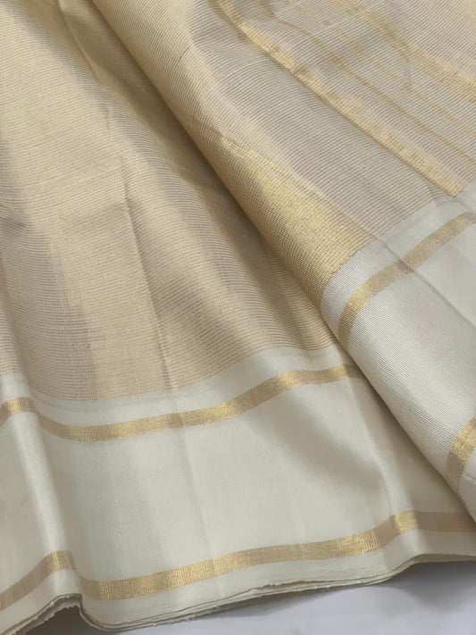 Kanjivaram silk saree champa cream body with milk white panel and vairaoosi weave folded view
