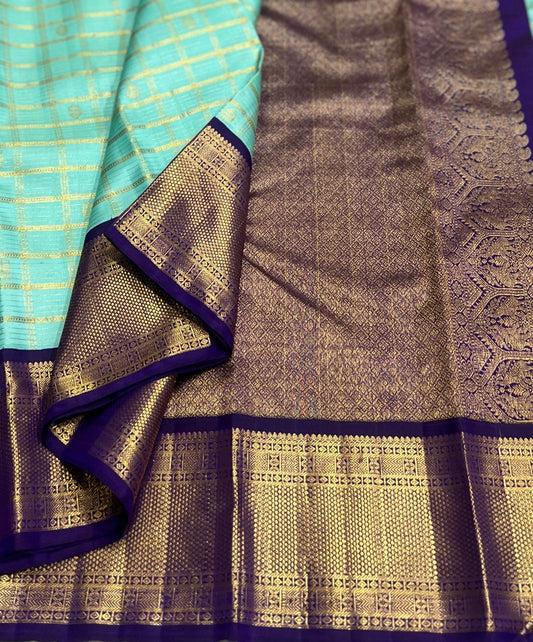 Pure Kanchipuram Silk Saree – Aqua Blue with 2g pure Zari Kattam and Royal Violet Border