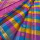 Kanjivaram silk saree yellow blue pink check pattern draped view