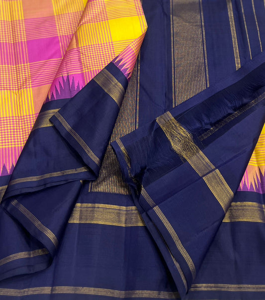 Kancheepuram silk saree full drape marigold body with navy pallu