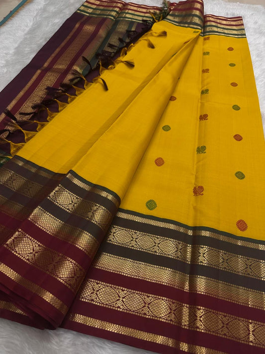 Pure Kanchipuram Silk Saree – Ochre Yellow with Silk Thread Butta and Zari Woven Border