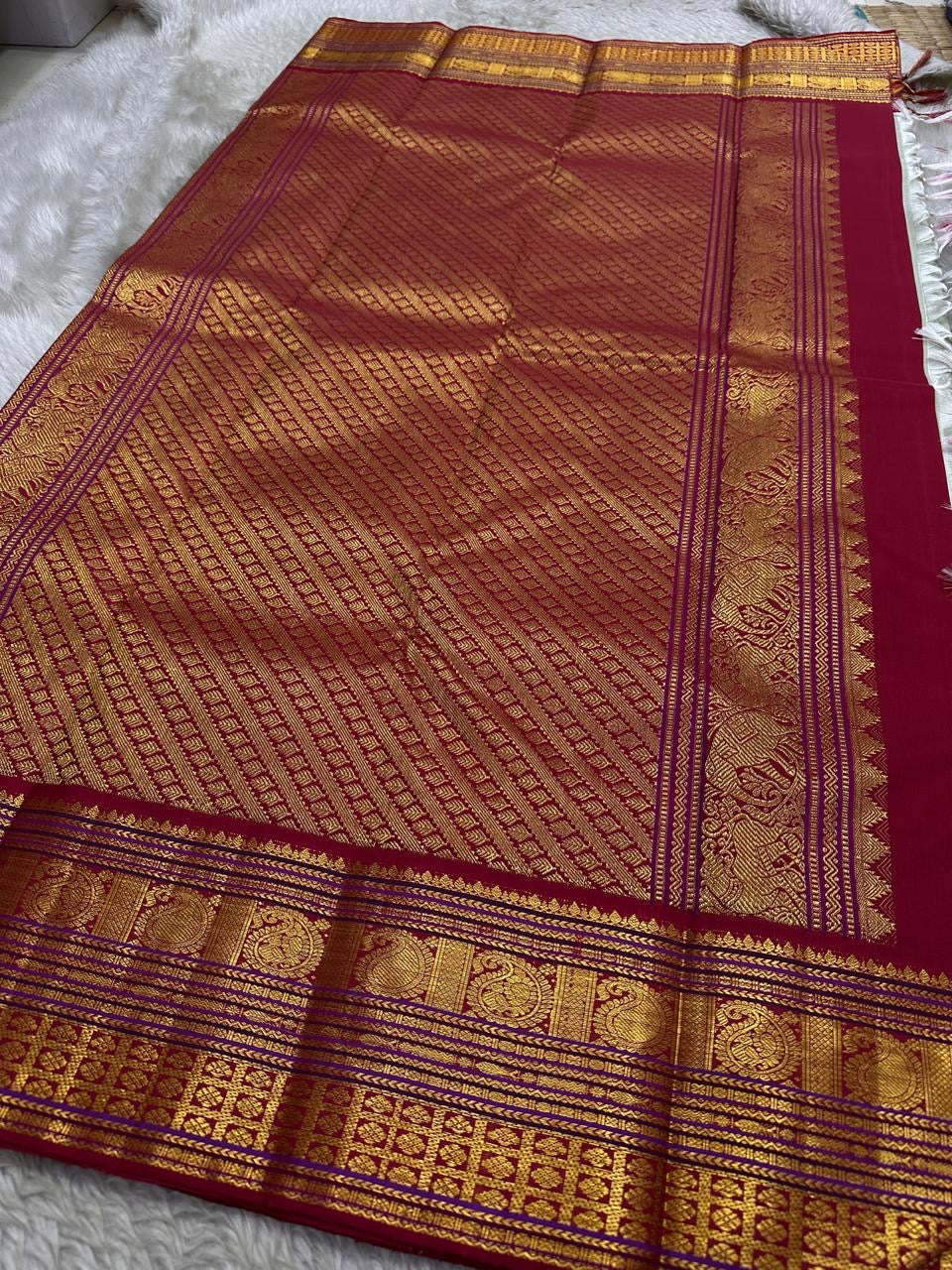 Full view of maroon zari woven pallu with dense patterning and wide border, available in the USA