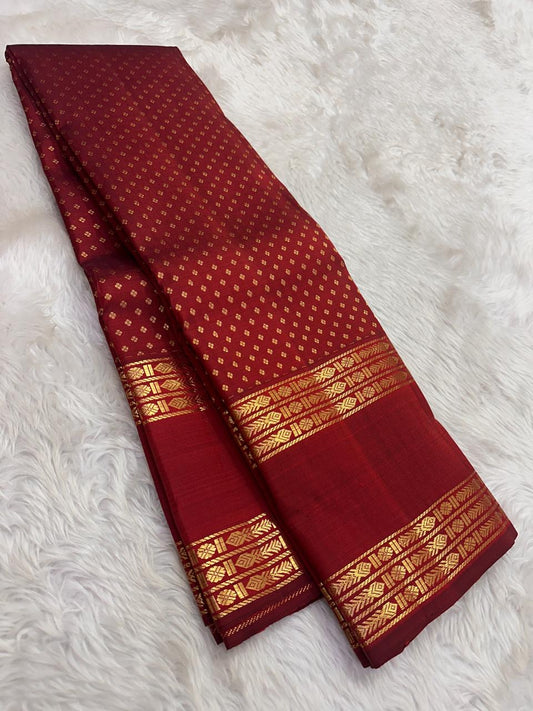 Pure Kanchipuram Silk Saree – Crimson Vermilion Rettapet with Temple Gold Accents and Deep Ruby Base