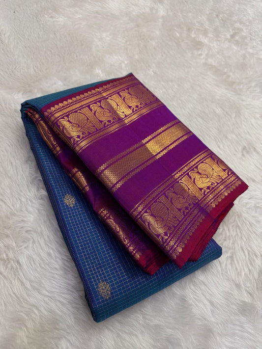 Pure Kanchipuram Silk Saree – Water Blue Shot Pink with Zari Woven Butta and Antique Gold Border