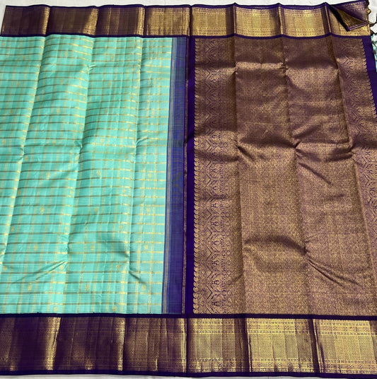 Pure Kanchipuram Silk Saree – Aqua Blue with 2g pure Zari Kattam and Royal Violet Border