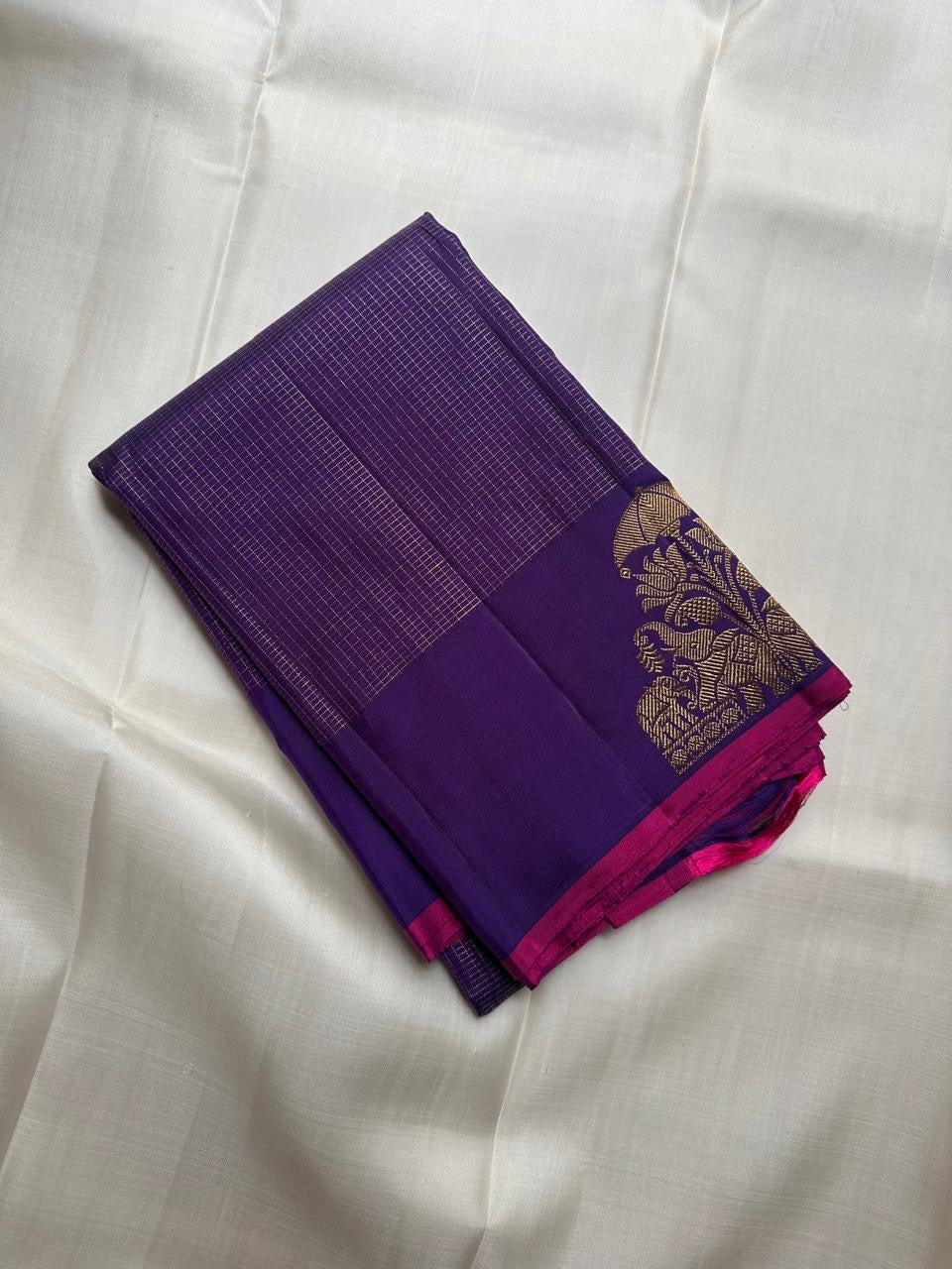 Royal Purple Handwoven Pure Silk KanchiPattu Saree with Zari Kattam Sri Lakshmi Motif Border