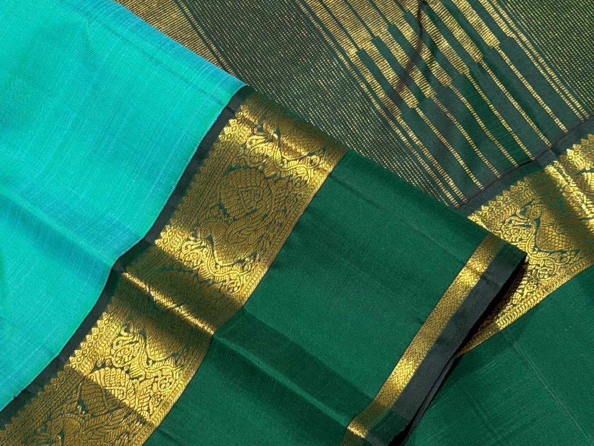Light Green Handwoven Korvai Kanjivaram Silk Saree with Bottle Green Border