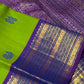 Parrot green handwoven pure silk Kanchipuram varisaipet saree with violet border, view 5