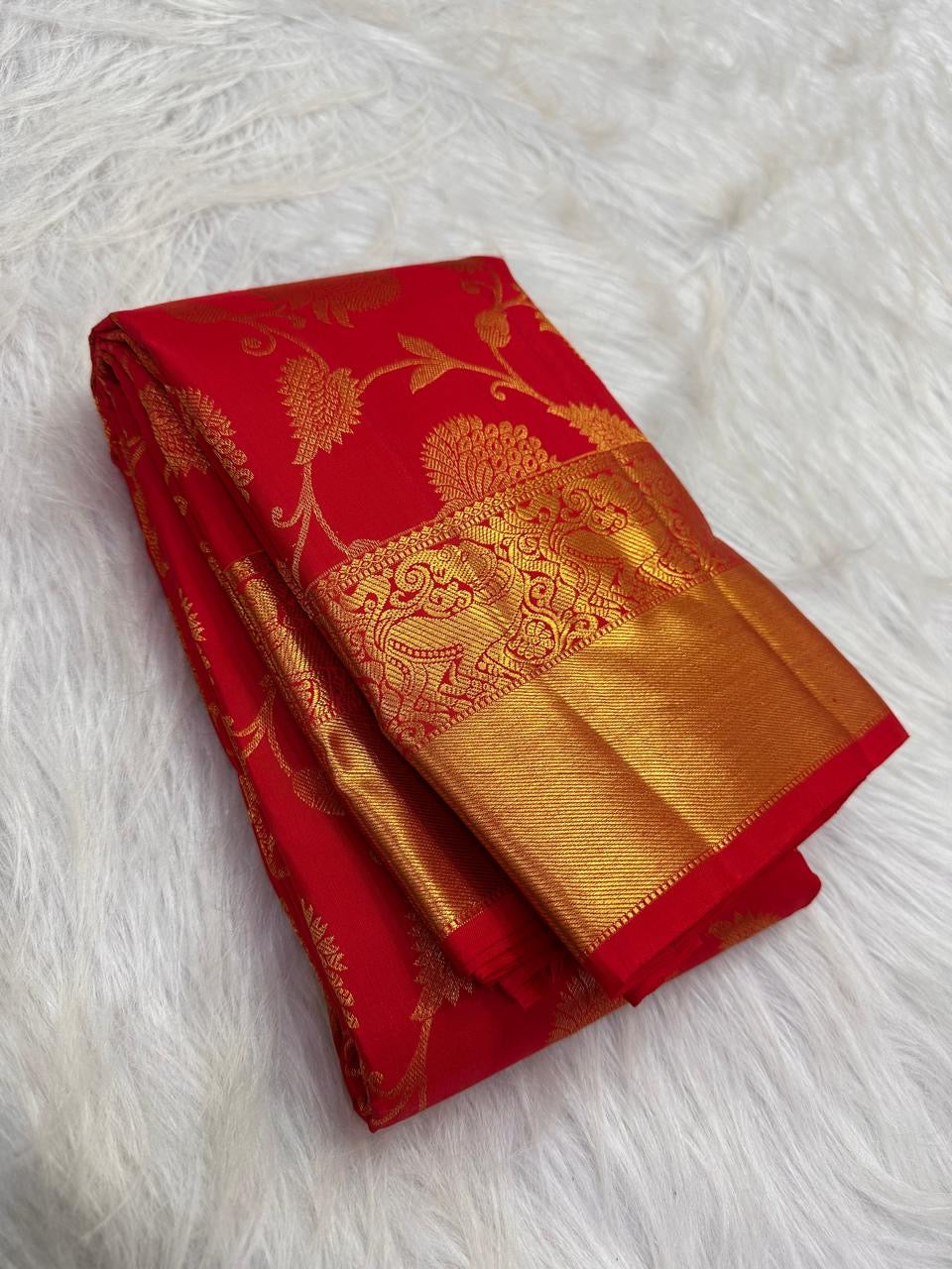 Kumkum Red Floral Jaal Pure Silk Kanchipuram Saree with Grand Gold Peacock & Yazhi Border: view 6