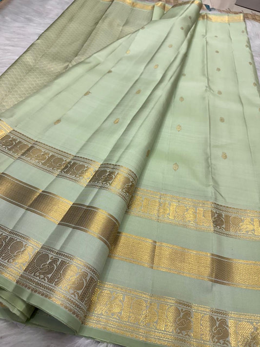 Mint Mist Handwoven Pure Silk Kanchipuram Varisaipet Saree with Gold Border – view 1