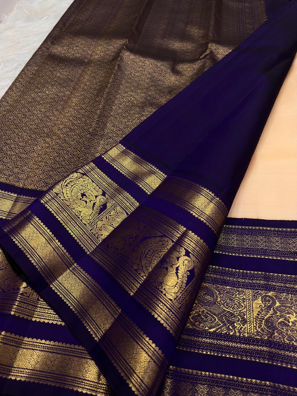 Pale Peach Pink & Deep Navy Blue handwoven Korvai silk saree by Idam Living