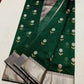 Emerald Green Silver Floral Pattu Silk Chanderi saree, border detail