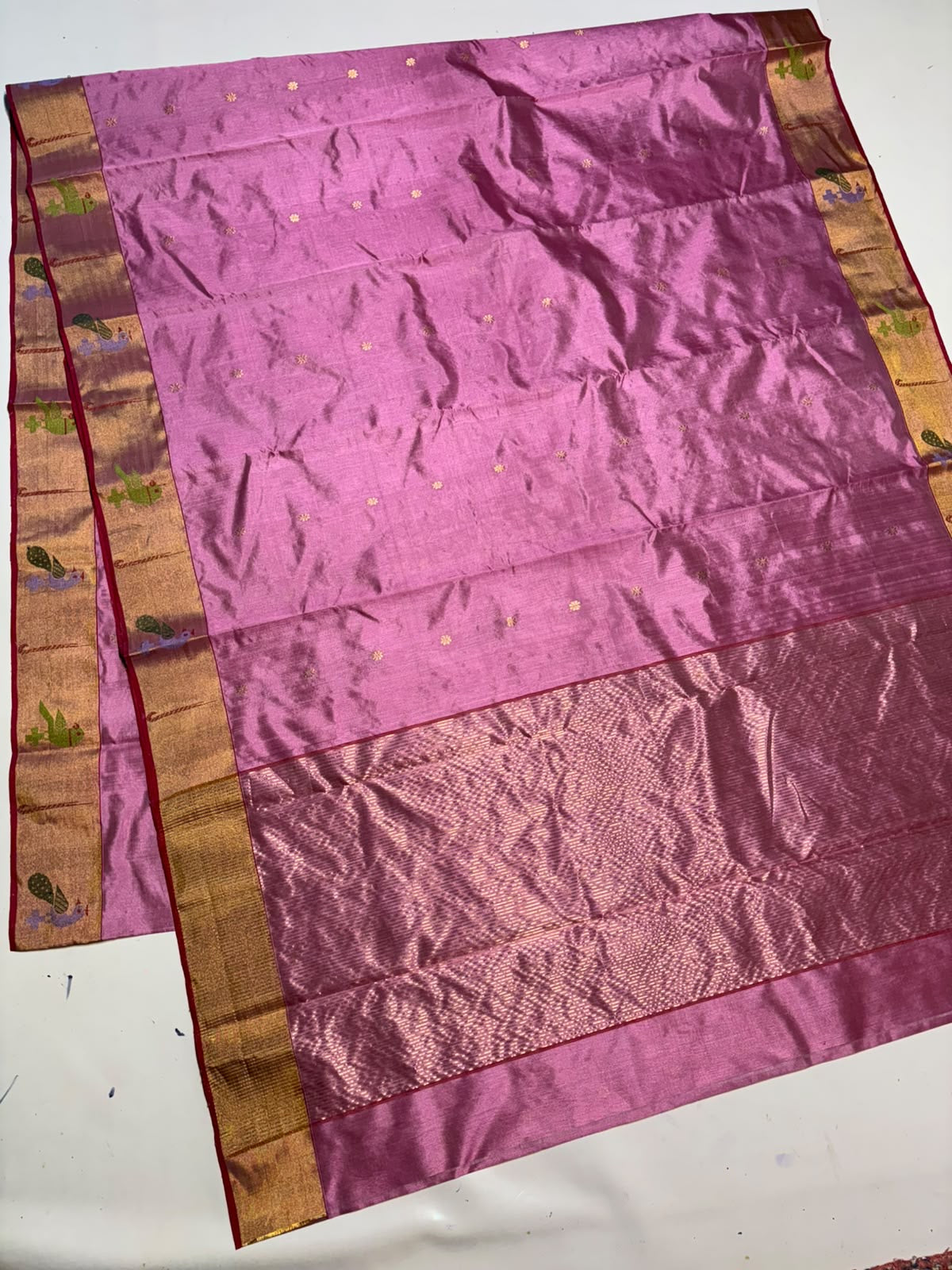 Rose Pink Gold Border Pattu Silk Chanderi saree, woven buti detail
