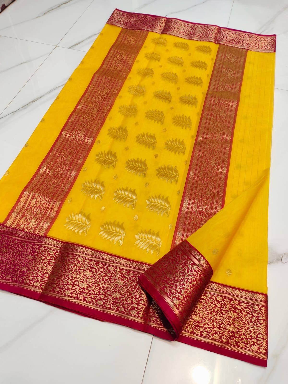 Turmeric Yellow and Red Gold Katan Silk Chanderi handloom saree — woven motif