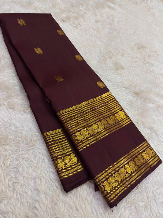 Deep Arakku brown Rettapet pure silk Kanchipuram saree with antique gold Kamalam border, Idam Living