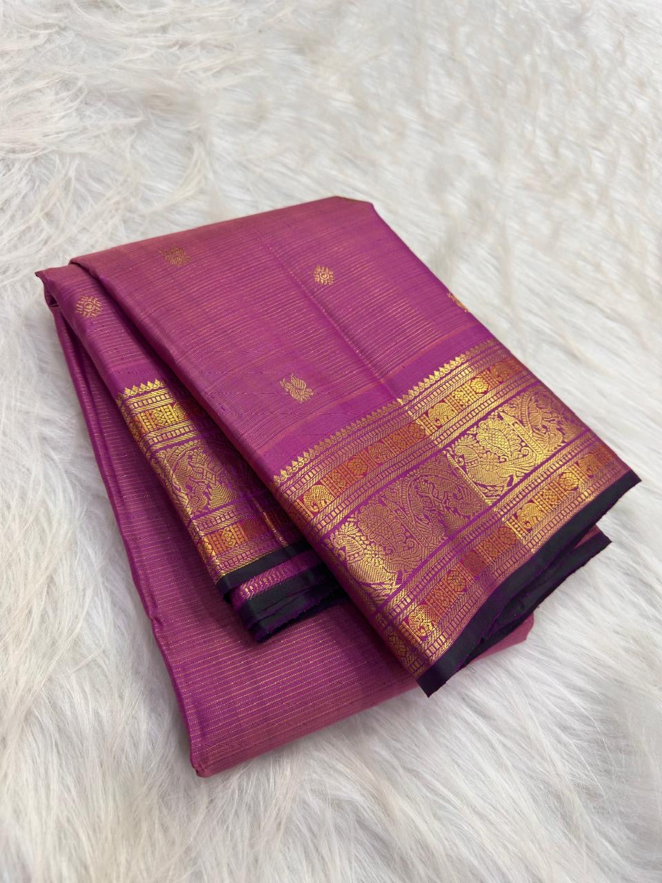 Pattu Roja Pink Handwoven Pure Silk Kanjivaram Vairaoosi Saree with Kamalam and Peacock Border
