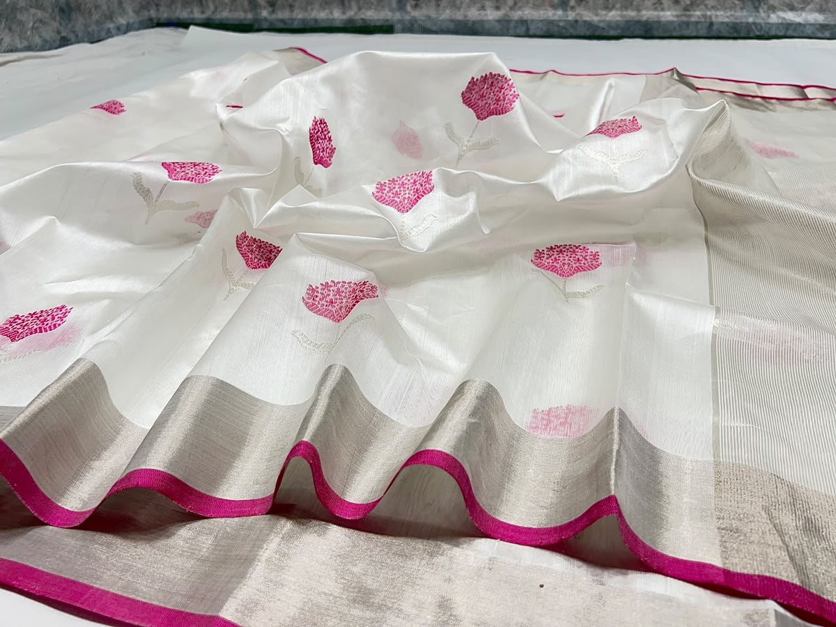 Cream Silver Katan Silk Chanderi handloom saree — drape detail