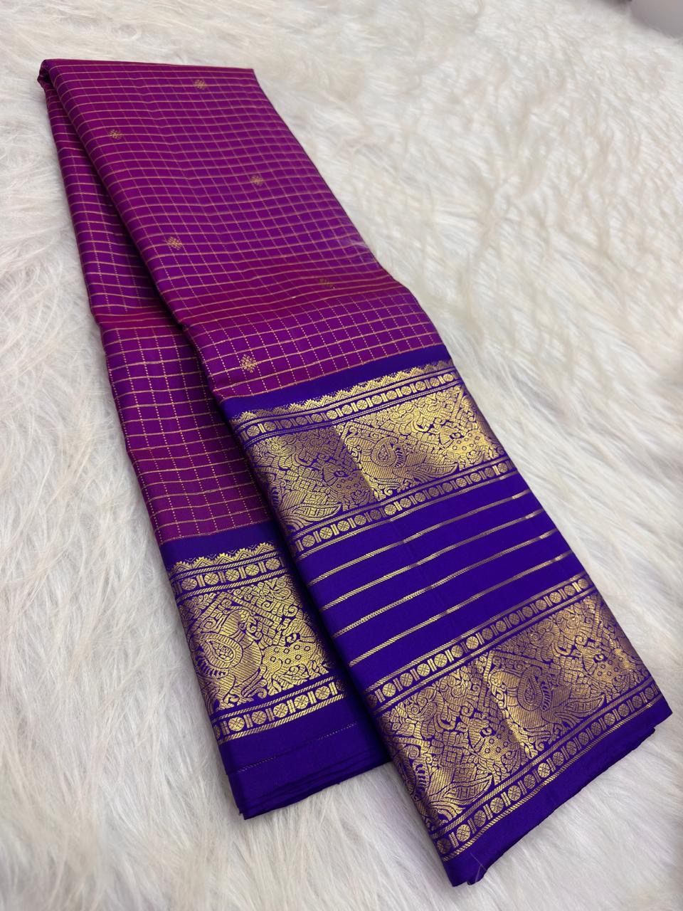 Kathiripoo Purple and Royal Blue vintage pure silk Kanchipuram Varisaipet saree, full saree drape, handwoven zari and ornate border