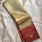 Sandalwood ivory handwoven pure silk Banarasi-Kanchipuram fusion saree with champagne-gold zari and vermilion-red floral urn and bird border