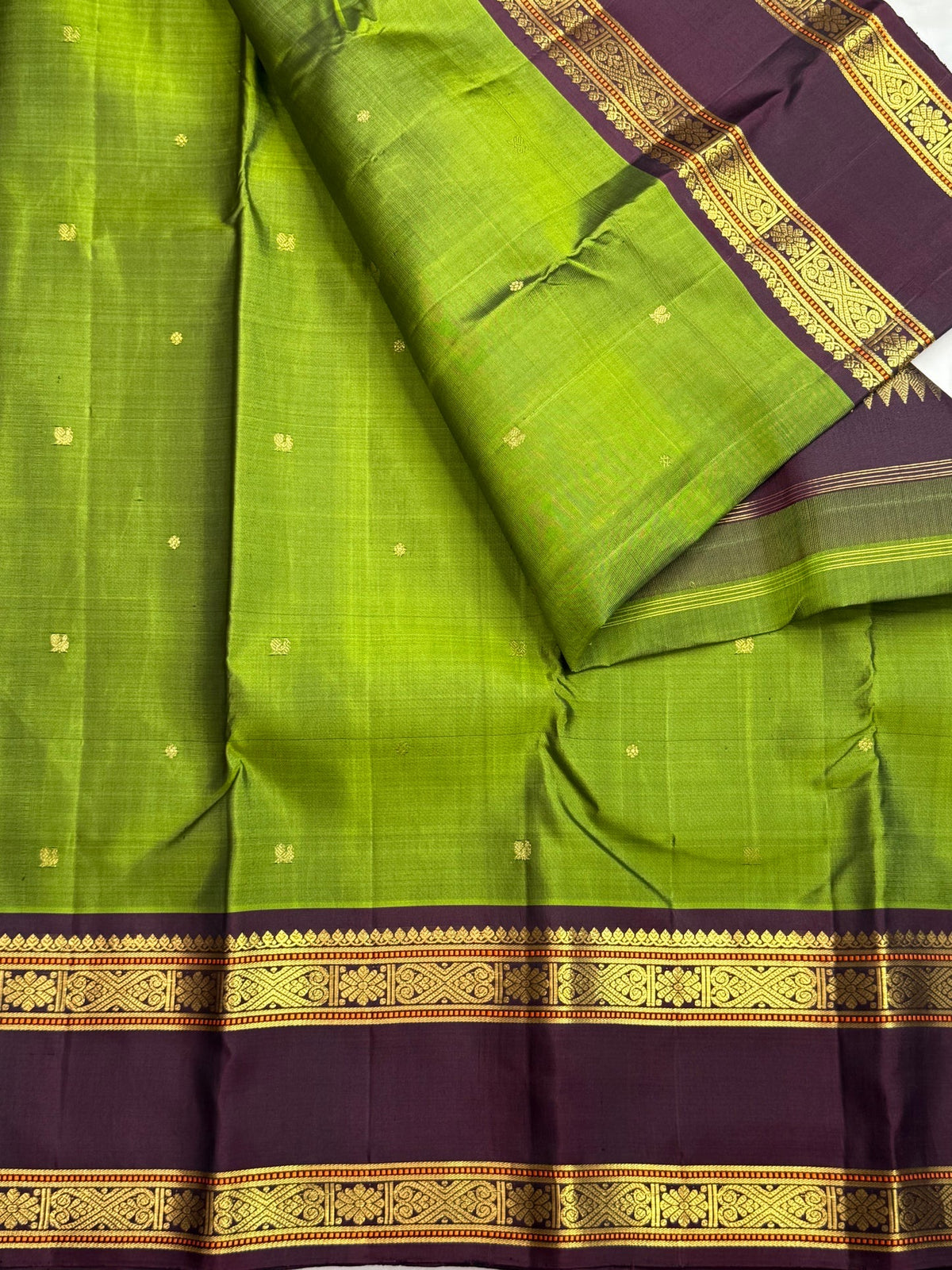 Thulir pachai green handwoven pure silk Kanjeevaram Rettapet saree with aubergine border, photo 1 of 5