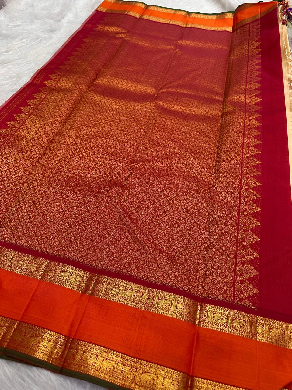 Sandalwood ivory handwoven pure silk Kanchipuram Kai Korvai saree with gold zari twin parrot buttas and raspberry-red border