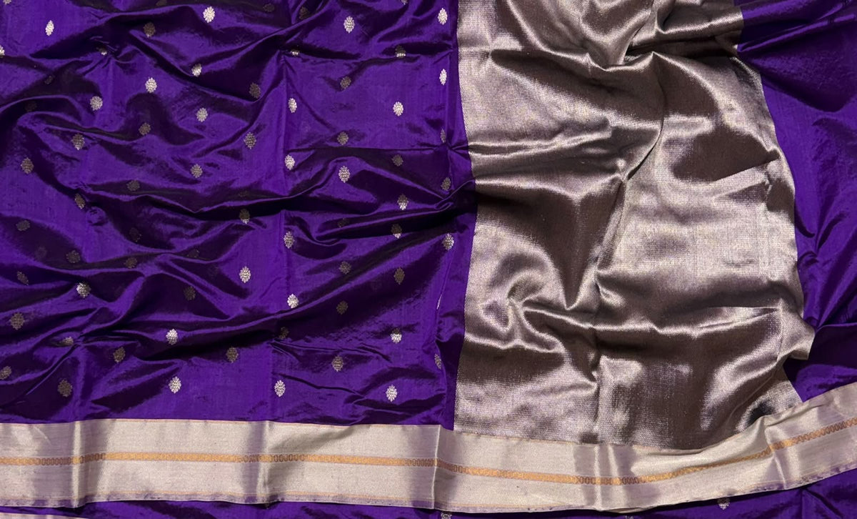Royal Purple Silver Border Pattu Silk Chanderi saree, pallu closeup