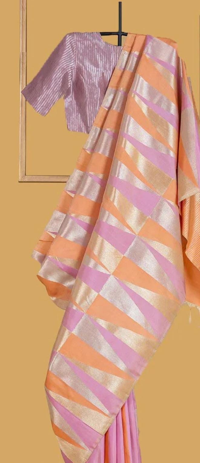 Pastel pink and lilac handwoven pure silk Kanchipuram Ettukol saree — overview of the full saree drape